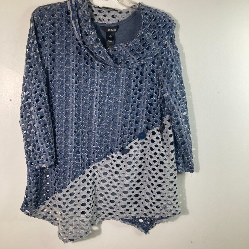 Womens Ali Miles Cowl Neck Fishnet Tunic Top M Asymmetrical